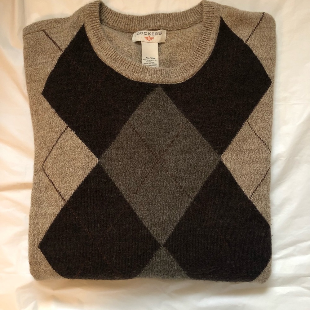 Dockers Mens XL Argyle Crewneck Tan Beige Sweater !!